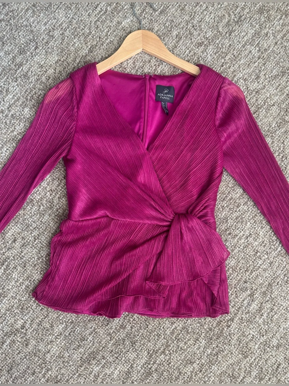 Adrianna Papell Magenta Pleated Twist-Front Long Sleeve Top